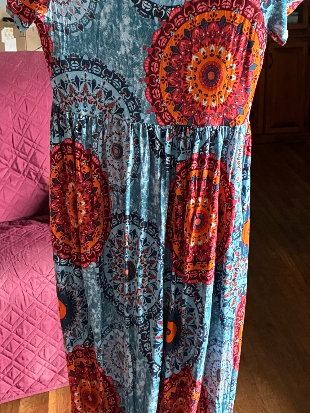 Blue Maxi Skirt with Orange & Pink Medallion Print - Unbranded